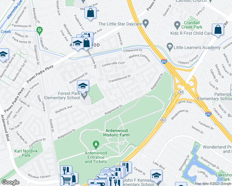 map of restaurants, bars, coffee shops, grocery stores, and more near 34701 Woodhue Terrace in Fremont