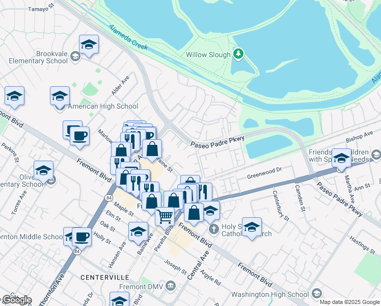 map of restaurants, bars, coffee shops, grocery stores, and more near 3443 Pepperwood Terrace in Fremont