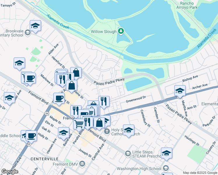 map of restaurants, bars, coffee shops, grocery stores, and more near 37312 Sequoia Road in Fremont