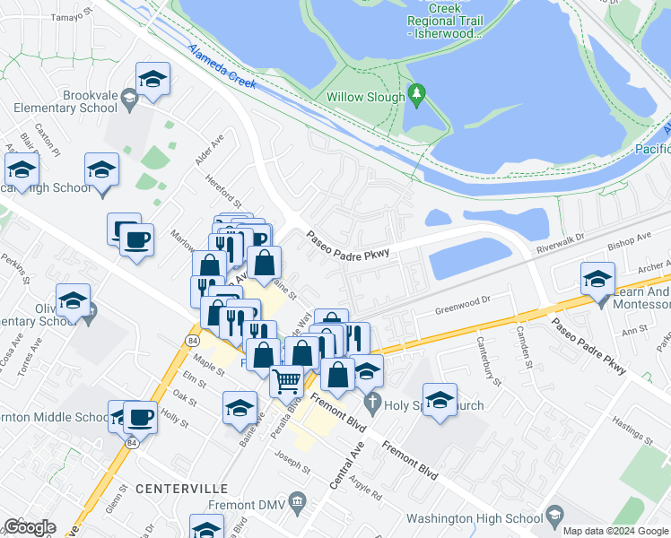 map of restaurants, bars, coffee shops, grocery stores, and more near 3475 Deerwood Terrace in Fremont