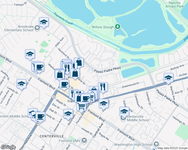 map of restaurants, bars, coffee shops, grocery stores, and more near 3475 Deerwood Terrace in Fremont