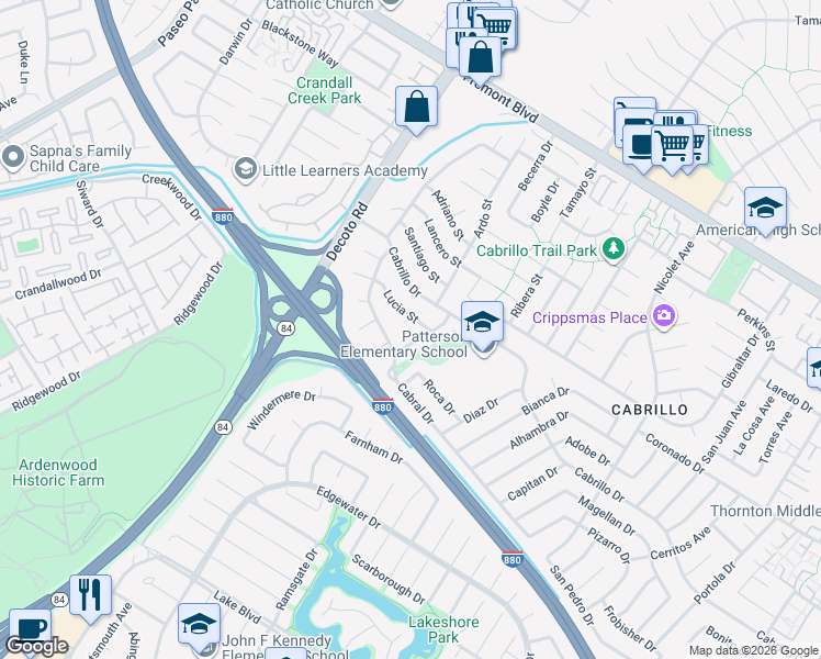 map of restaurants, bars, coffee shops, grocery stores, and more near 4536 Renato Court in Fremont