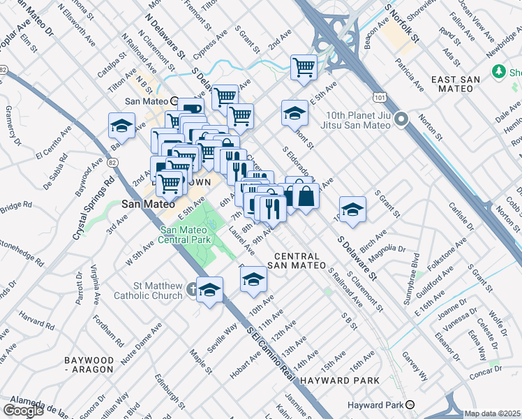 map of restaurants, bars, coffee shops, grocery stores, and more near 308 7th Avenue in San Mateo