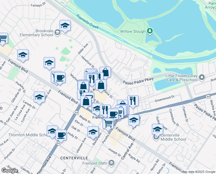 map of restaurants, bars, coffee shops, grocery stores, and more near 3467 Pinewood Terrace in Fremont