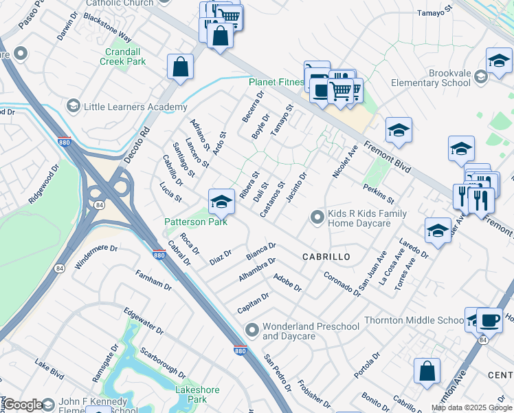 map of restaurants, bars, coffee shops, grocery stores, and more near 4432 Dali Street in Fremont