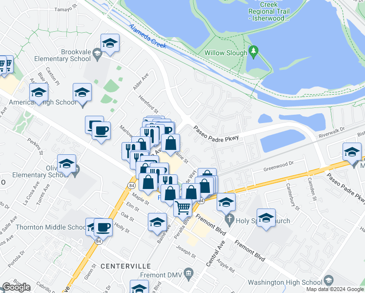 map of restaurants, bars, coffee shops, grocery stores, and more near in Fremont
