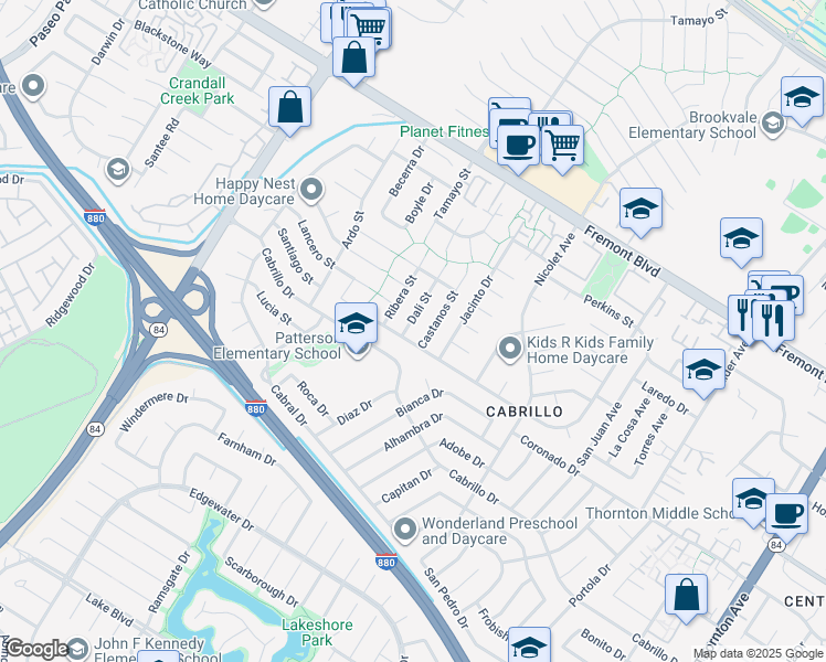 map of restaurants, bars, coffee shops, grocery stores, and more near 4432 Dali Street in Fremont