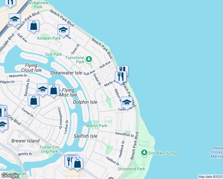 map of restaurants, bars, coffee shops, grocery stores, and more near 372 Bluefish Court in Foster City