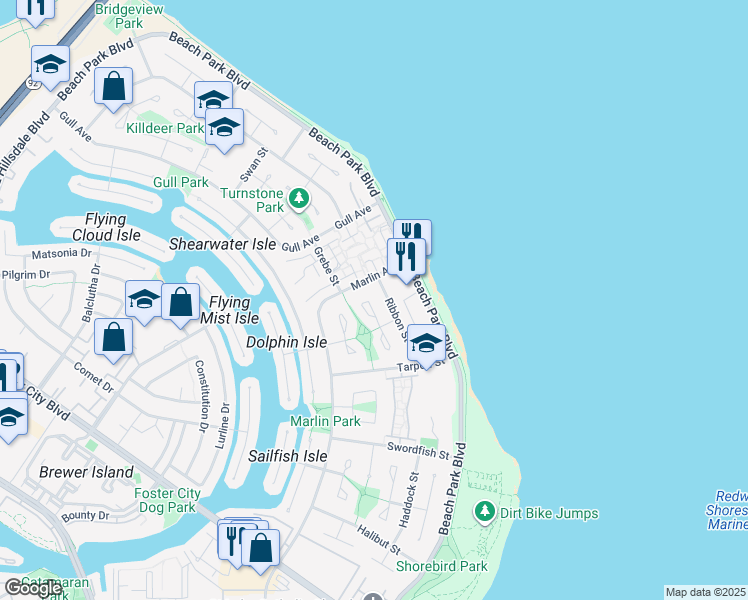 map of restaurants, bars, coffee shops, grocery stores, and more near 372 Bluefish Court in Foster City