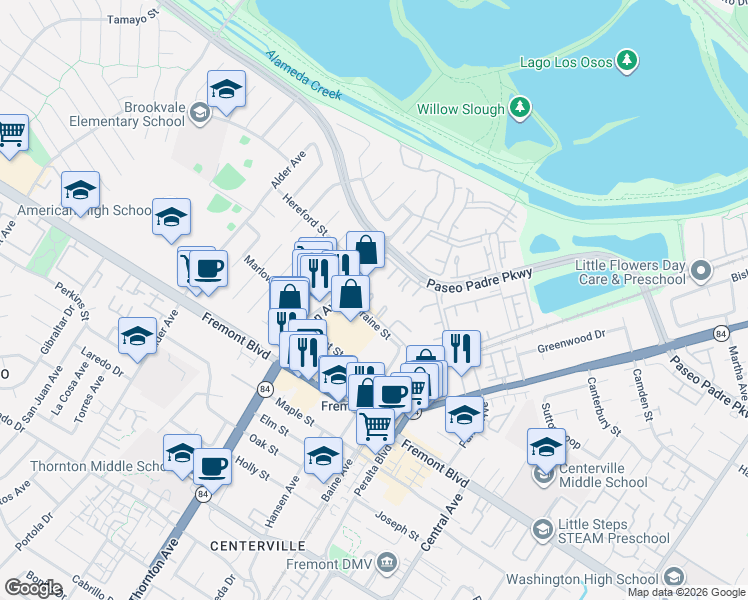 map of restaurants, bars, coffee shops, grocery stores, and more near 3467 Pinewood Terrace in Fremont