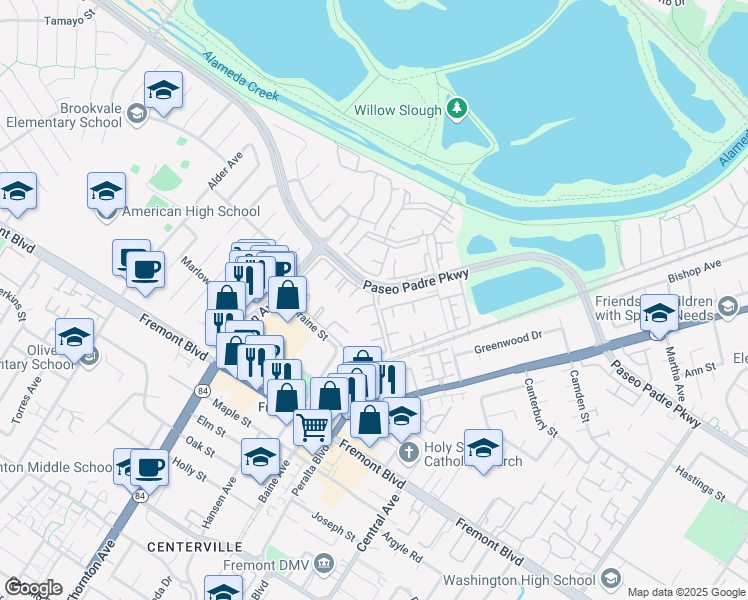 map of restaurants, bars, coffee shops, grocery stores, and more near 3416 Deerwood Terrace in Fremont