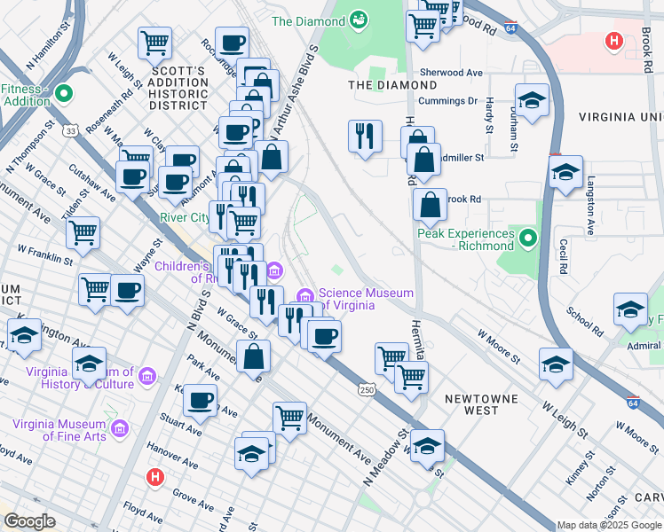 map of restaurants, bars, coffee shops, grocery stores, and more near 2401 West Leigh Street in Richmond