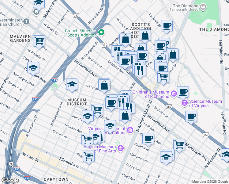 map of restaurants, bars, coffee shops, grocery stores, and more near 3100 Monument Avenue in Richmond