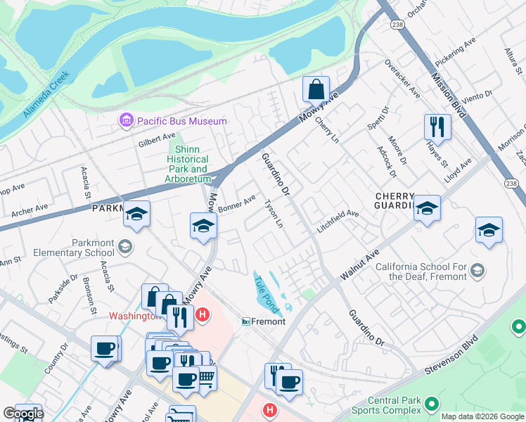 map of restaurants, bars, coffee shops, grocery stores, and more near in Fremont