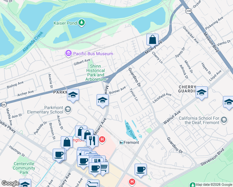 map of restaurants, bars, coffee shops, grocery stores, and more near 1102 Bonner Avenue in Fremont