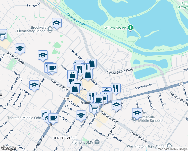 map of restaurants, bars, coffee shops, grocery stores, and more near 3467 Pinewood Terrace in Fremont