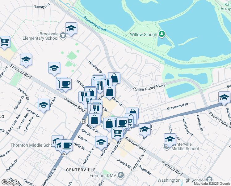 map of restaurants, bars, coffee shops, grocery stores, and more near 37050 Meadowbrook Common in Fremont