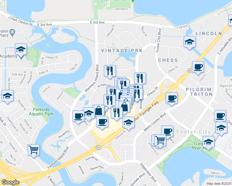 map of restaurants, bars, coffee shops, grocery stores, and more near 195 Bridgepointe Circle in San Mateo