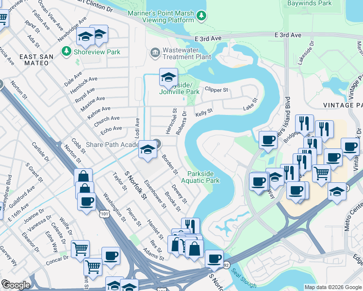 map of restaurants, bars, coffee shops, grocery stores, and more near 1678 Roberta Drive in San Mateo