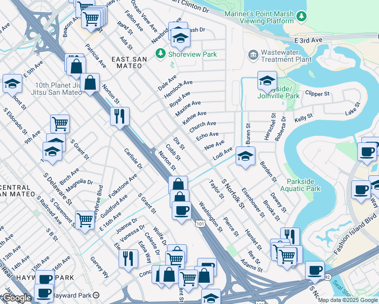 map of restaurants, bars, coffee shops, grocery stores, and more near 1524 South Norfolk Street in San Mateo