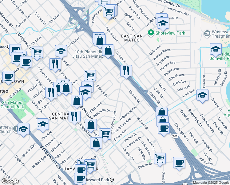 map of restaurants, bars, coffee shops, grocery stores, and more near 1025 Sunnybrae Boulevard in San Mateo