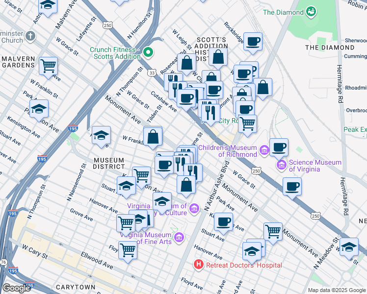 map of restaurants, bars, coffee shops, grocery stores, and more near 3100 Monument Avenue in Richmond