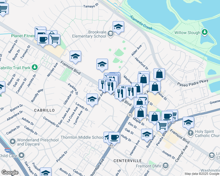 map of restaurants, bars, coffee shops, grocery stores, and more near 36440 Fremont Boulevard in Fremont