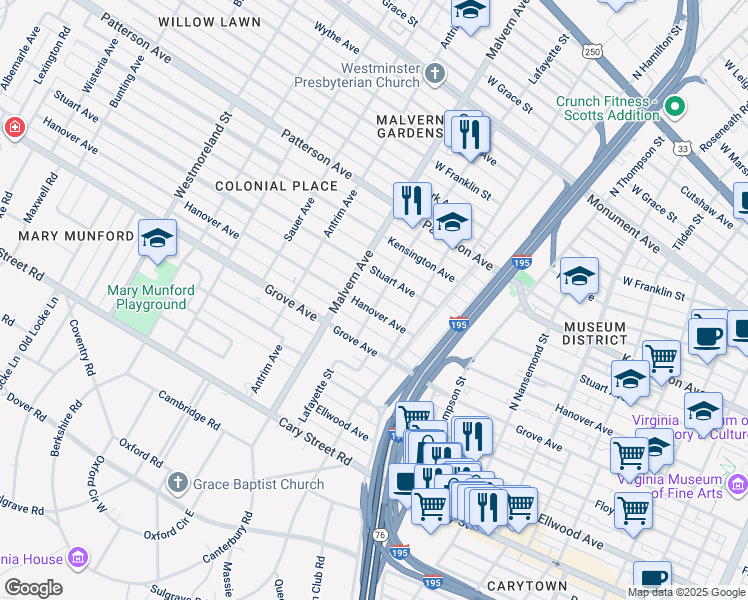 map of restaurants, bars, coffee shops, grocery stores, and more near 4000 Hanover Avenue in Richmond