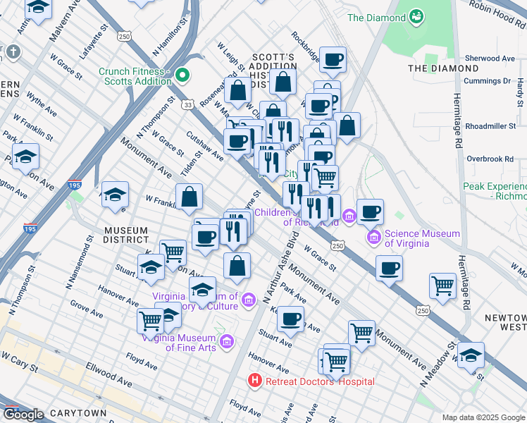 map of restaurants, bars, coffee shops, grocery stores, and more near 2904 West Grace Street in Richmond
