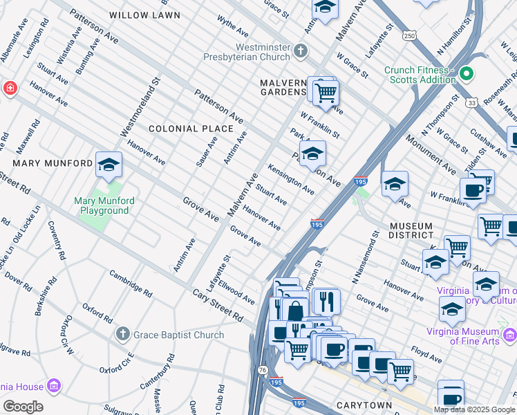 map of restaurants, bars, coffee shops, grocery stores, and more near 4000 Hanover Avenue in Richmond