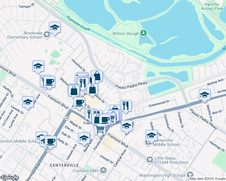 map of restaurants, bars, coffee shops, grocery stores, and more near 3454 Bridgewood Terrace in Fremont