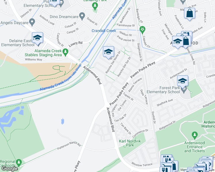 map of restaurants, bars, coffee shops, grocery stores, and more near 5515 Clove Hitch Loop in Fremont