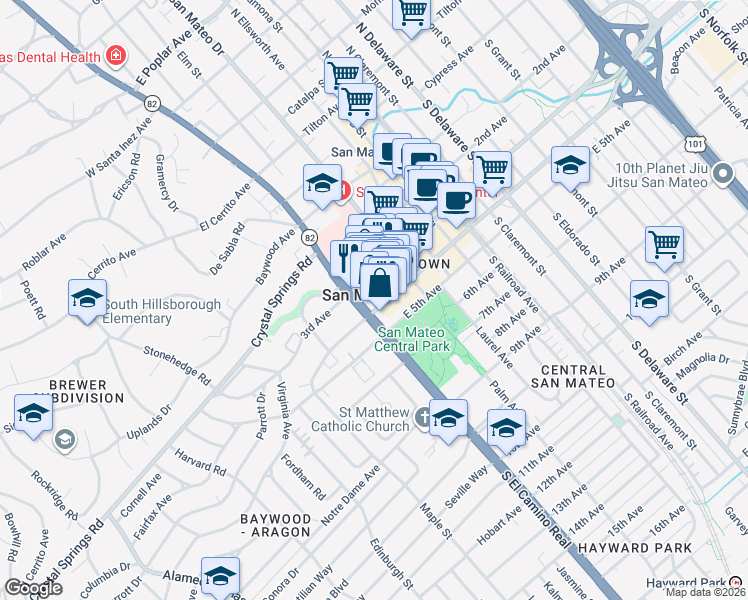 map of restaurants, bars, coffee shops, grocery stores, and more near in San Mateo