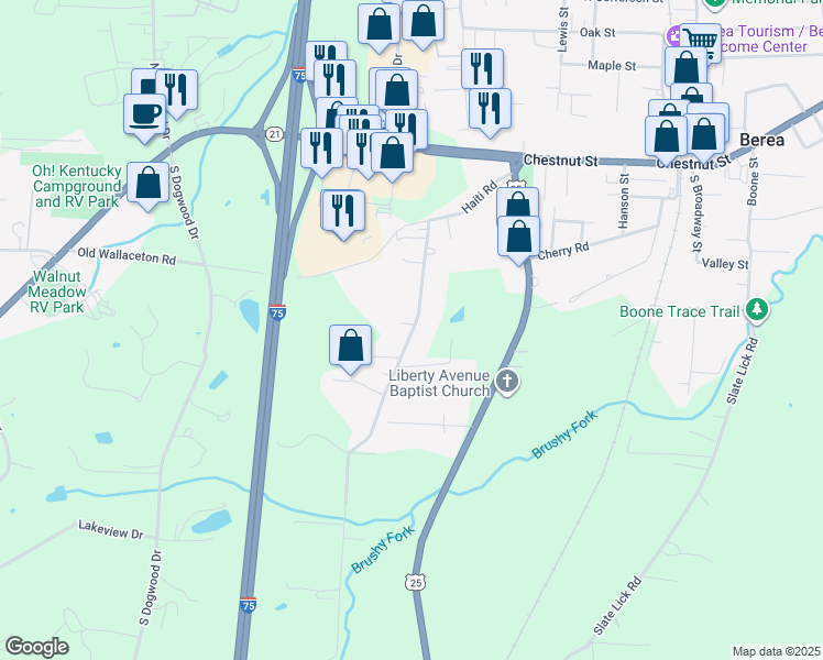 map of restaurants, bars, coffee shops, grocery stores, and more near 154 East Haiti Road in Berea