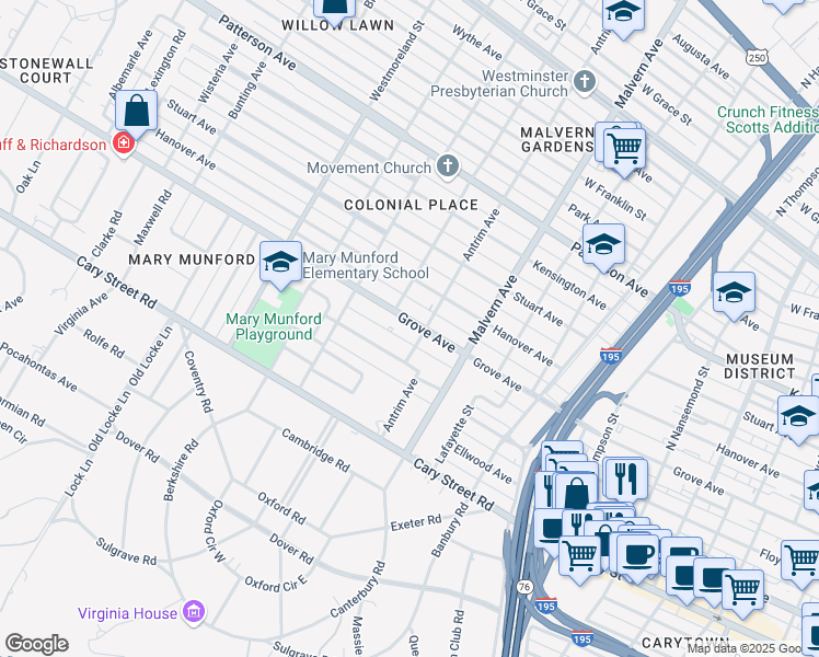 map of restaurants, bars, coffee shops, grocery stores, and more near 4203 Grove Avenue in Richmond