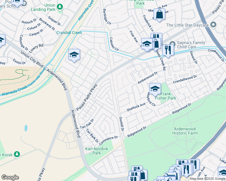 map of restaurants, bars, coffee shops, grocery stores, and more near 5388 Matthew Terrace in Fremont