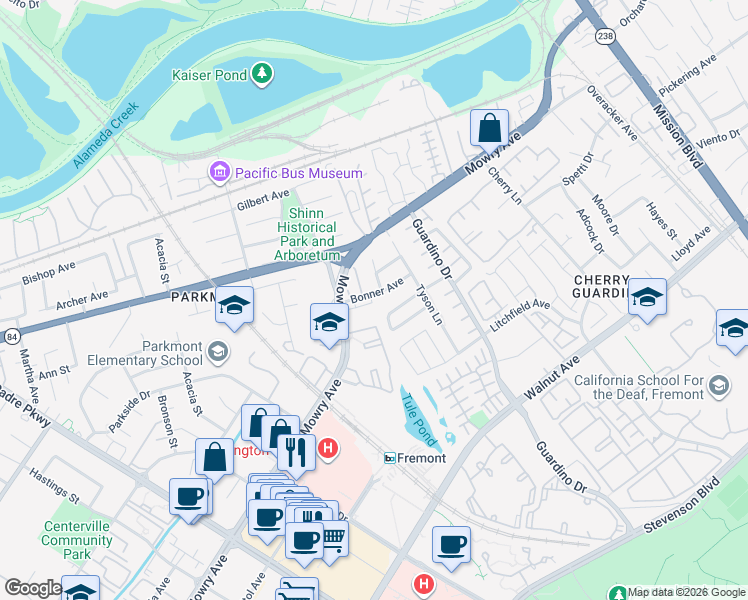 map of restaurants, bars, coffee shops, grocery stores, and more near 1102 Bonner Avenue in Fremont