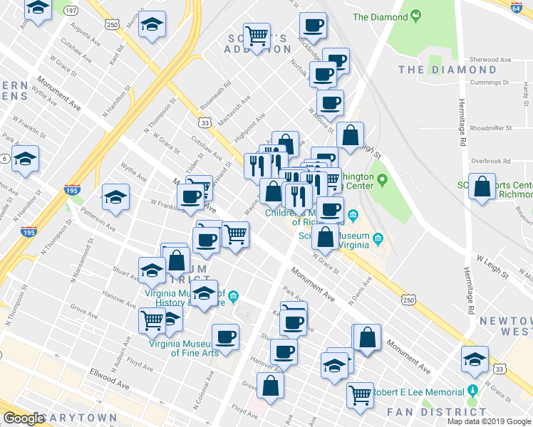 map of restaurants, bars, coffee shops, grocery stores, and more near 2904 West Grace Street in Richmond