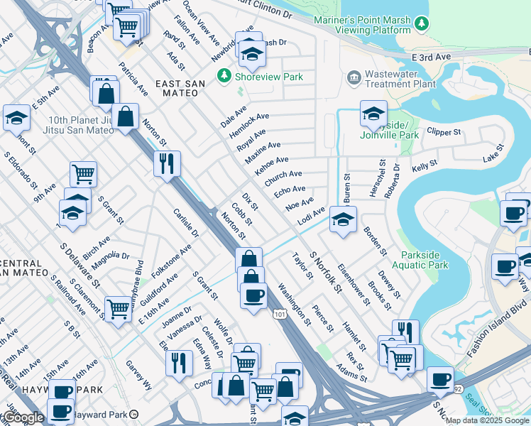 map of restaurants, bars, coffee shops, grocery stores, and more near 1524 South Norfolk Street in San Mateo