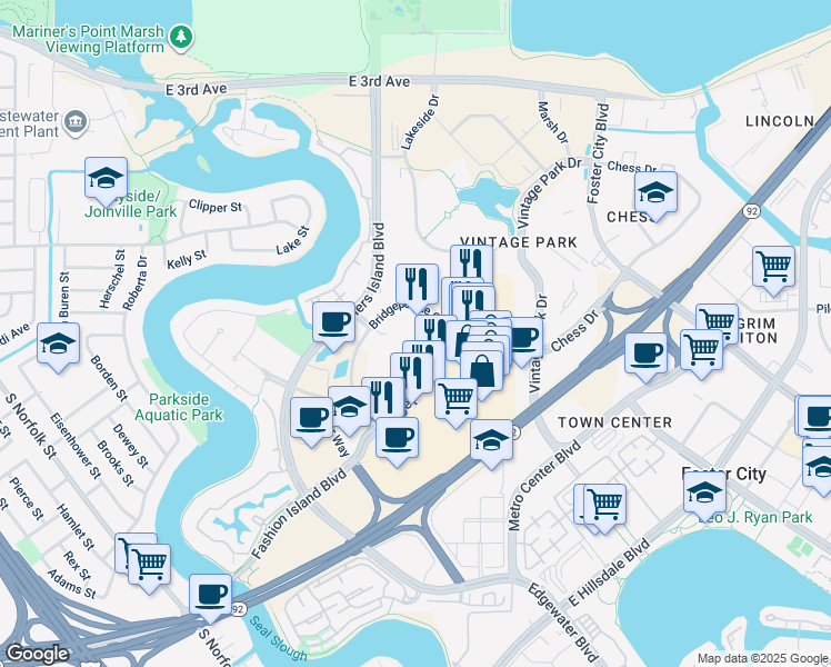 map of restaurants, bars, coffee shops, grocery stores, and more near 1987 Bridgepointe Parkway in San Mateo