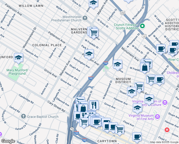 map of restaurants, bars, coffee shops, grocery stores, and more near 505 North Hamilton Street in Richmond