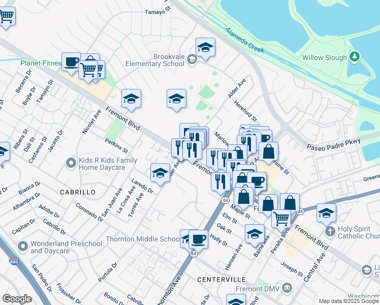map of restaurants, bars, coffee shops, grocery stores, and more near 36440 Fremont Boulevard in Fremont
