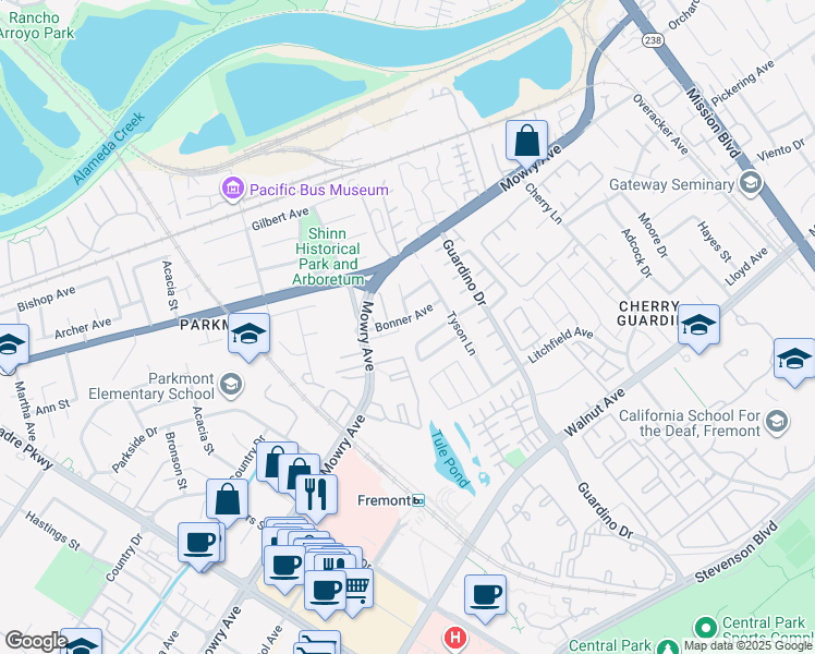 map of restaurants, bars, coffee shops, grocery stores, and more near 1102 Bonner Avenue in Fremont
