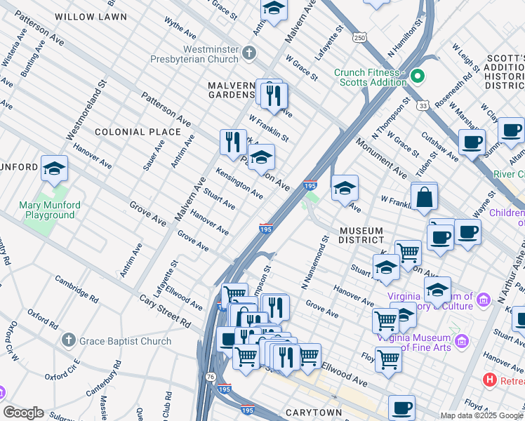map of restaurants, bars, coffee shops, grocery stores, and more near 505 North Hamilton Street in Richmond