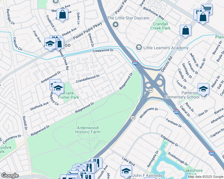 map of restaurants, bars, coffee shops, grocery stores, and more near 34796 Dorado Common in Fremont