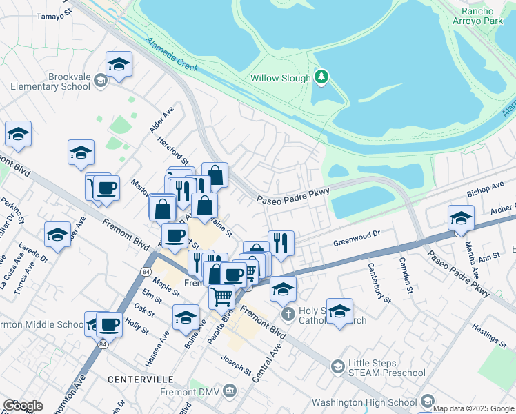 map of restaurants, bars, coffee shops, grocery stores, and more near 37155 Aspenwood Common in Fremont