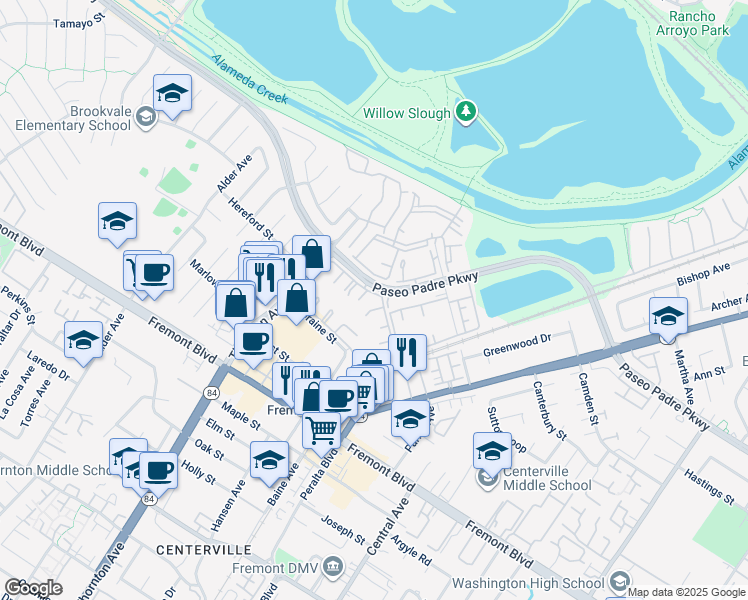 map of restaurants, bars, coffee shops, grocery stores, and more near 37155 Aspenwood Common in Fremont