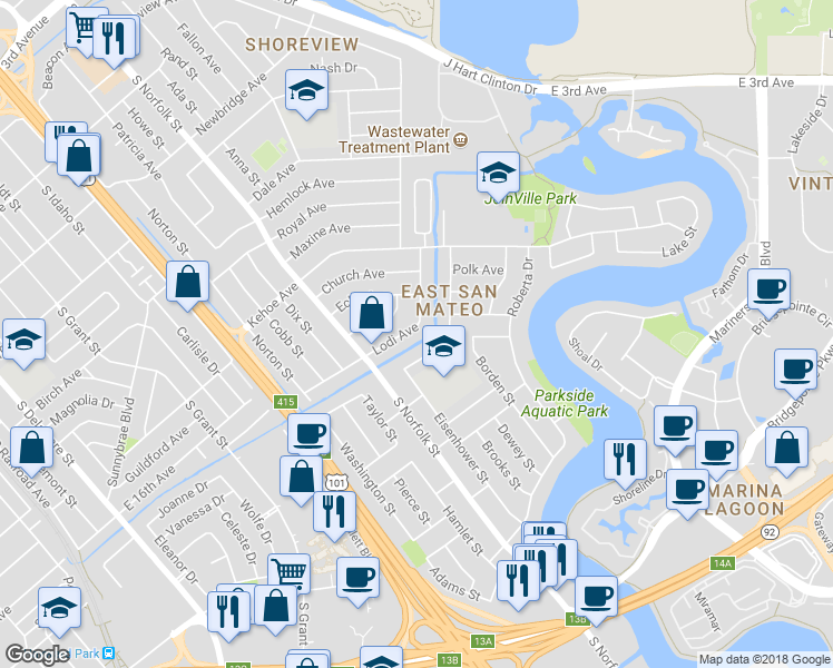 map of restaurants, bars, coffee shops, grocery stores, and more near 1580 Lodi Avenue in San Mateo