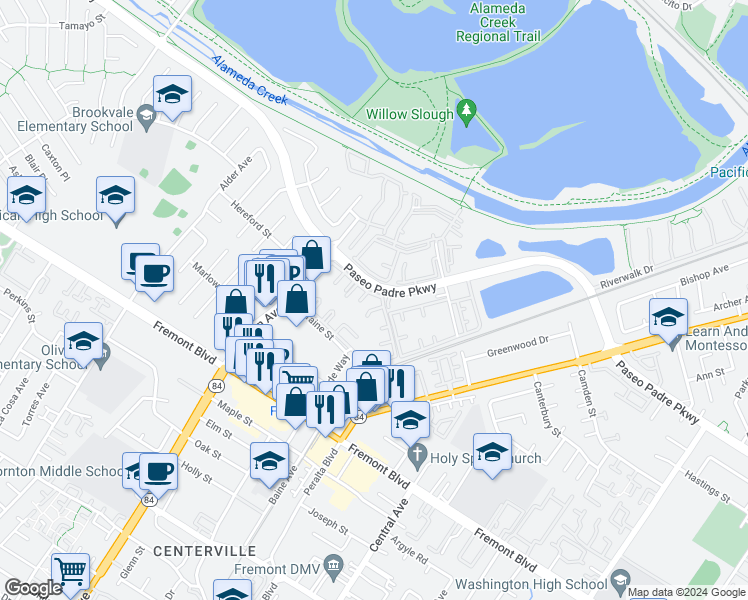 map of restaurants, bars, coffee shops, grocery stores, and more near 3475 Deerwood Terrace in Fremont