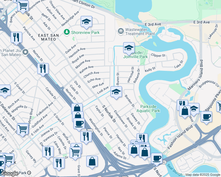 map of restaurants, bars, coffee shops, grocery stores, and more near 1580 Lodi Avenue in San Mateo